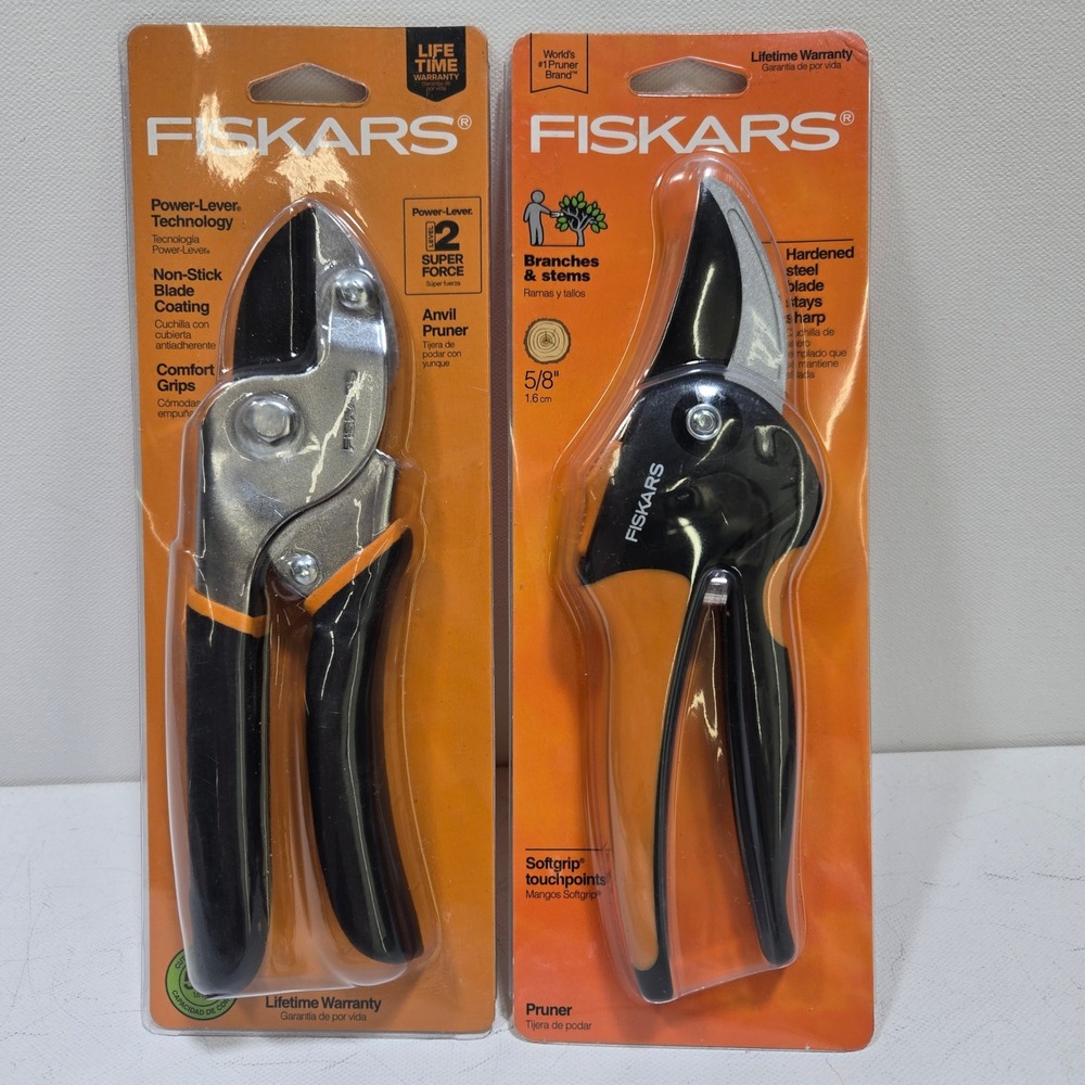 Fiskars 2-Pack Garden Pruner Set Power-Lever Anvil & Softgrip Bypass New Bundle